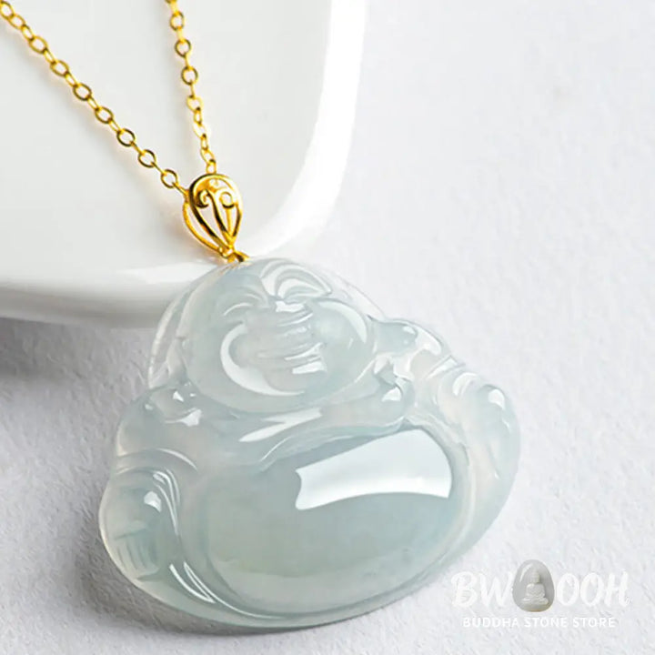 Buddha Stones Laughing Buddha Natural Jade Abundance Titanium Steel Chain Necklace Pendant - BWOOOH - Jade - Necklaces