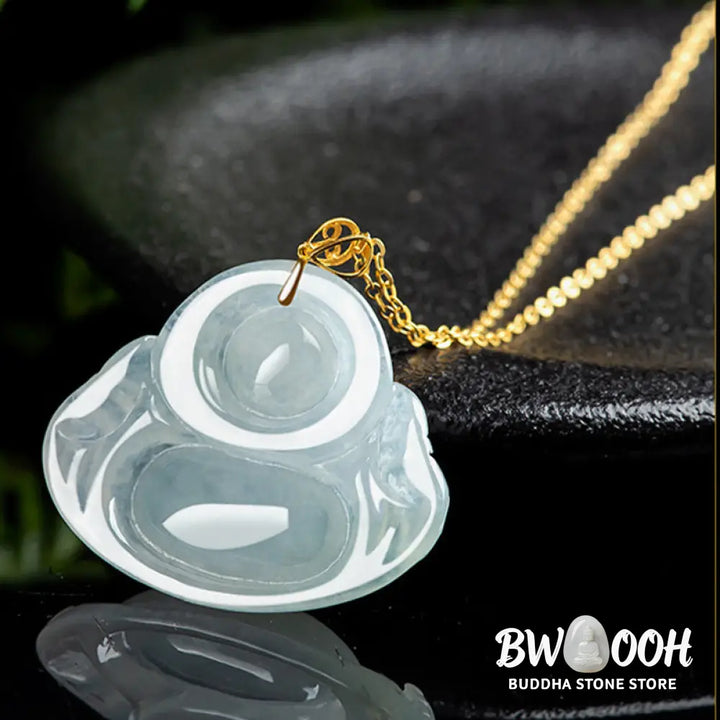 Buddha Stones Laughing Buddha Natural Jade Abundance Titanium Steel Chain Necklace Pendant - BWOOOH - Jade - Necklaces