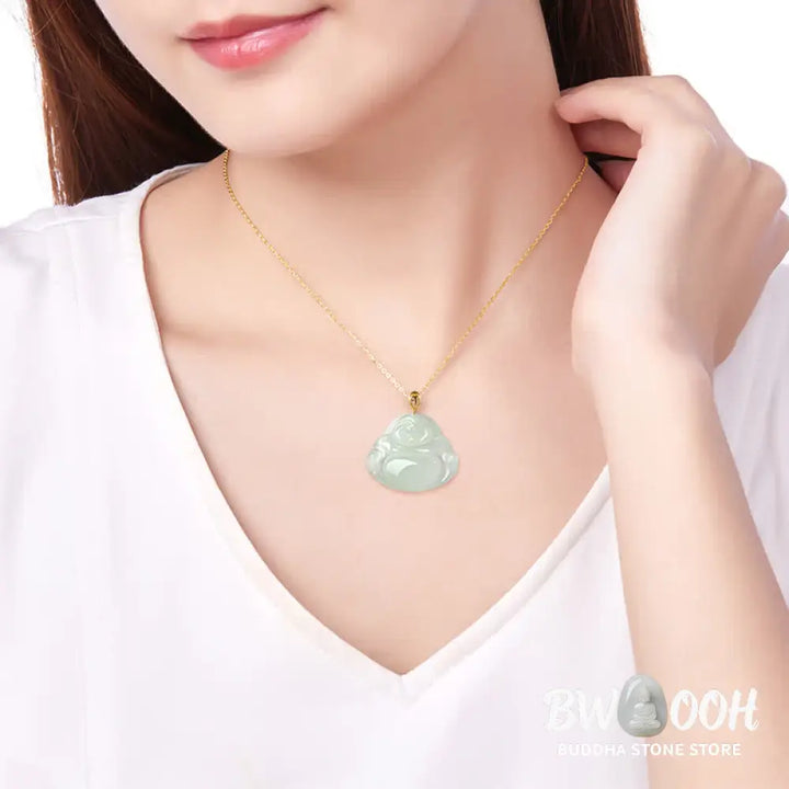 Buddha Stones Laughing Buddha Natural Jade Abundance Titanium Steel Chain Necklace Pendant - BWOOOH - Jade - Necklaces