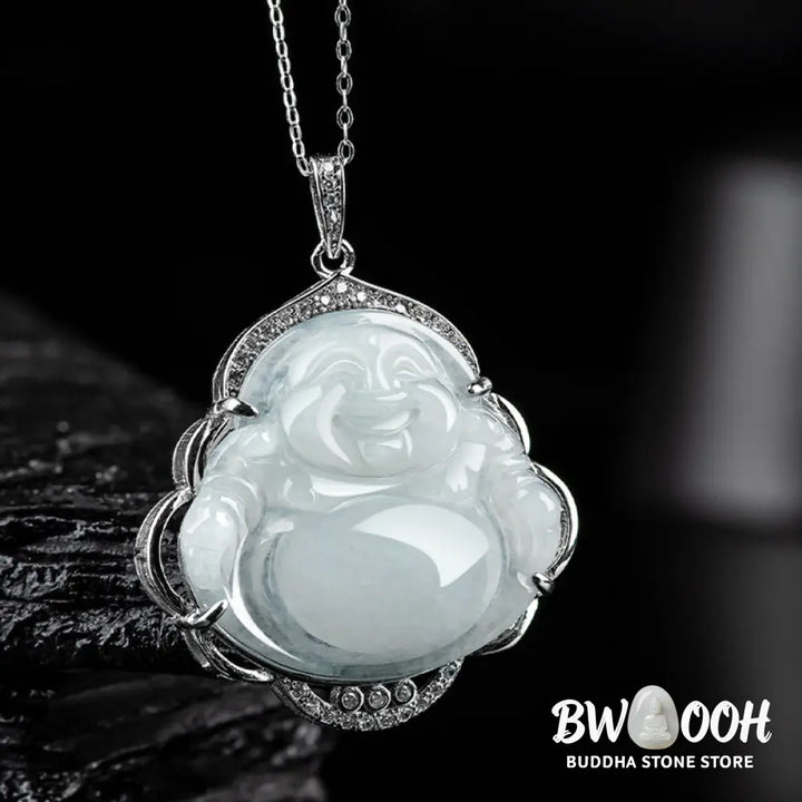 Buddha Stones Laughing Buddha Natural Jade Abundance Titanium Steel Chain Necklace Pendant - BWOOOH