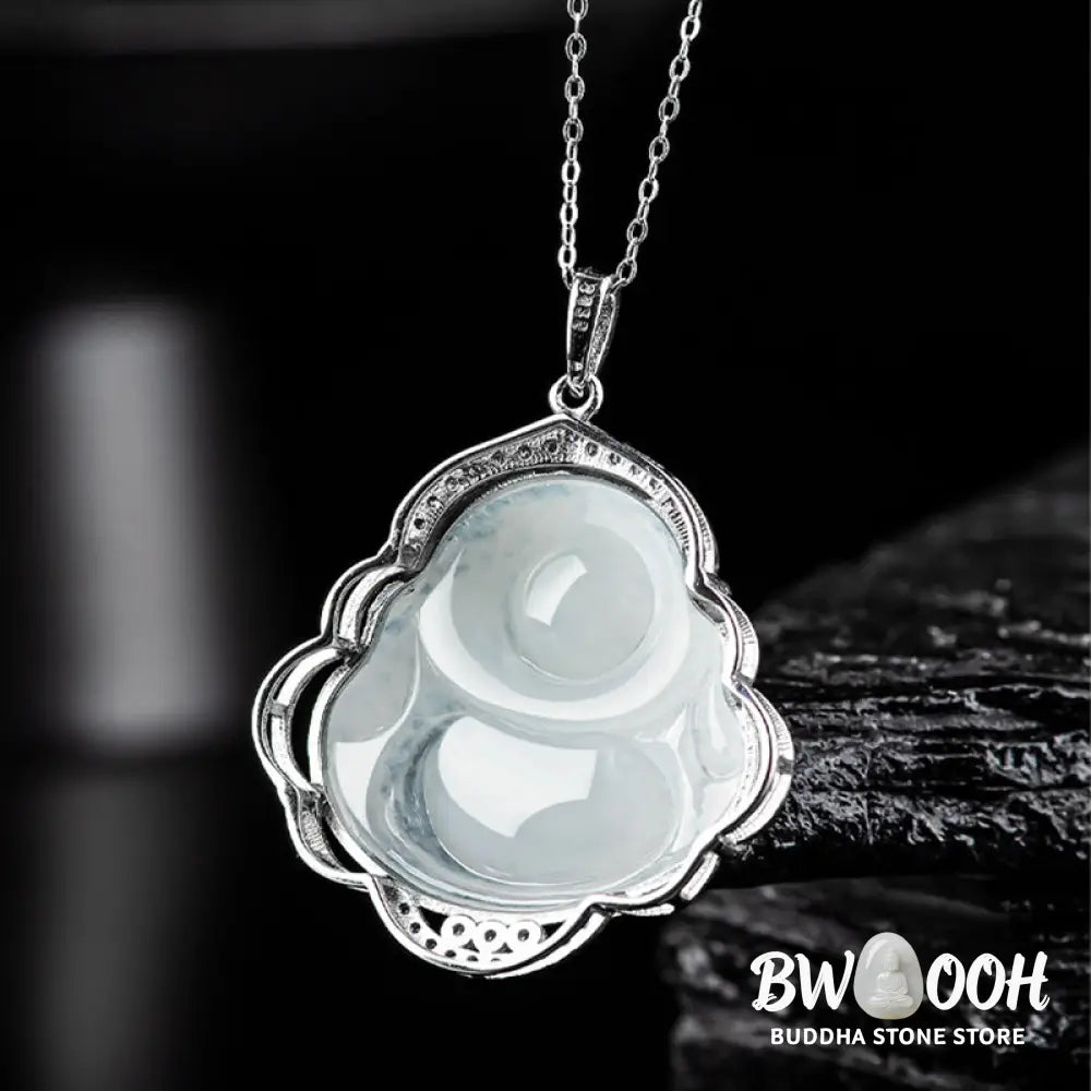 Buddha Stones Laughing Buddha Natural Jade Abundance Titanium Steel Chain Necklace Pendant - BWOOOH
