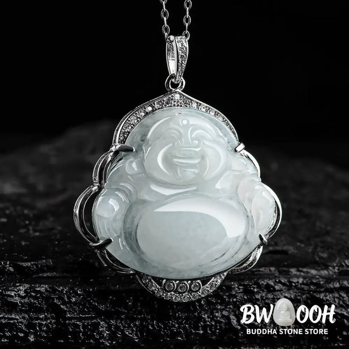 Buddha Stones Laughing Buddha Natural Jade Abundance Titanium Steel Chain Necklace Pendant - BWOOOH