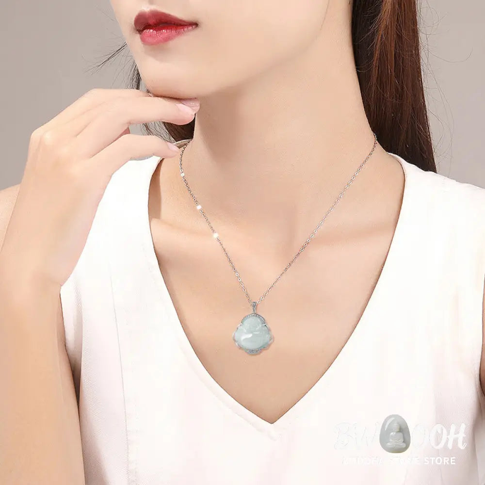 Buddha Stones Laughing Buddha Natural Jade Abundance Titanium Steel Chain Necklace Pendant - BWOOOH