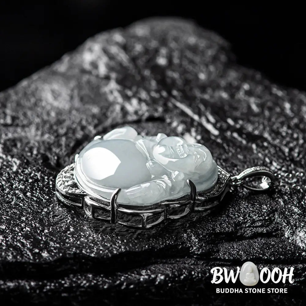 Buddha Stones Laughing Buddha Natural Jade Abundance Titanium Steel Chain Necklace Pendant - BWOOOH