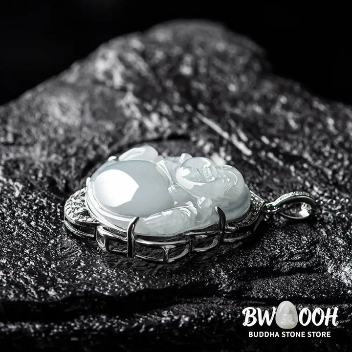 Buddha Stones Laughing Buddha Natural Jade Abundance Titanium Steel Chain Necklace Pendant - BWOOOH