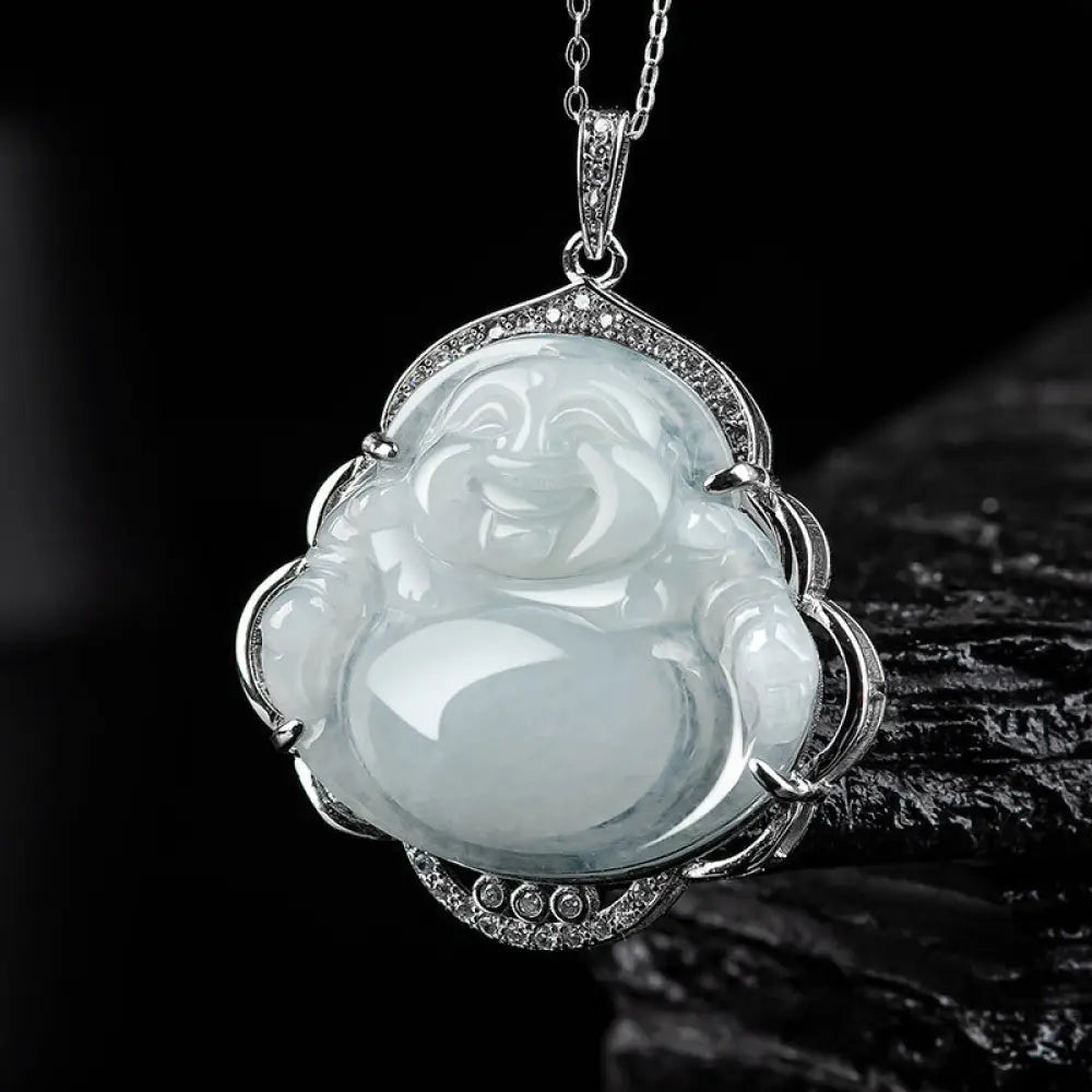 BWOOOH Laughing Buddha natural jade abundance titanium steel chain necklace pendant