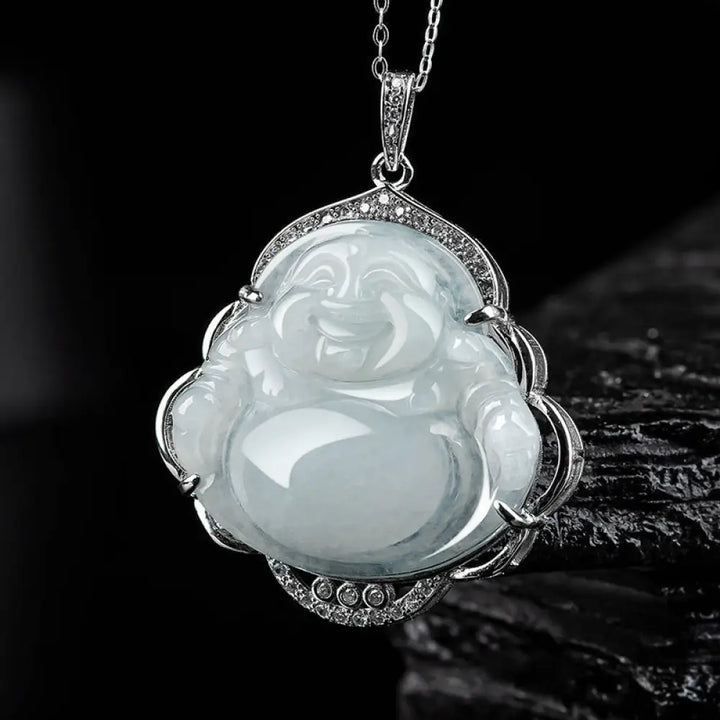 BWOOOH Laughing Buddha natural jade abundance titanium steel chain necklace pendant