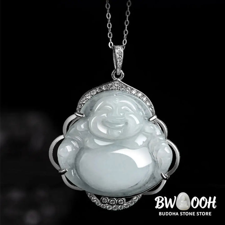 Buddha Stones Laughing Buddha Natural Jade Abundance Titanium Steel Chain Necklace Pendant - BWOOOH
