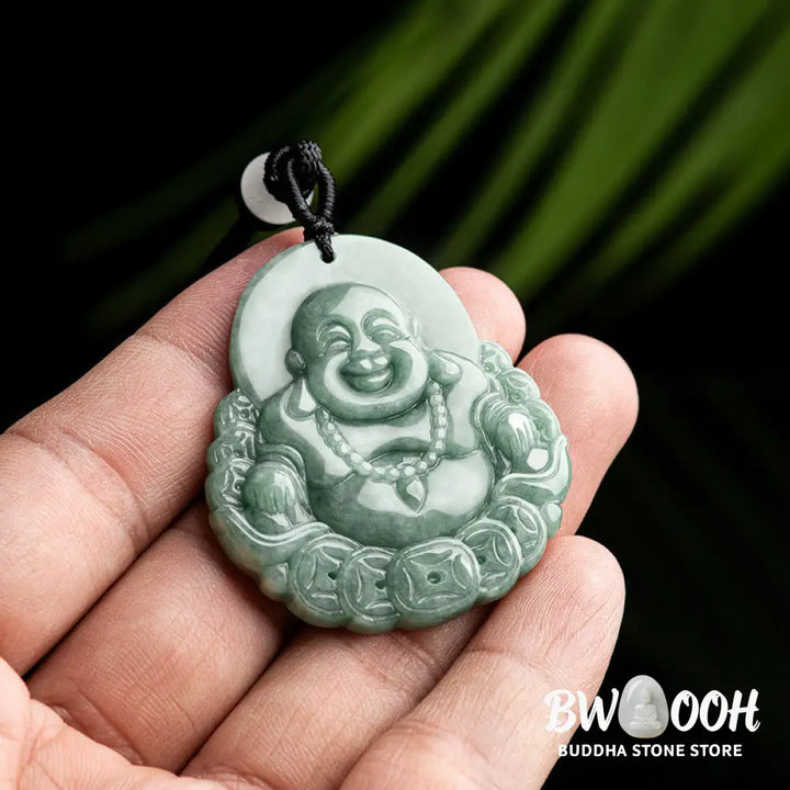 Buddha Stones Laughing Buddha Natural Jade Copper Coin Abundance Necklace Pendant - BWOOOH - Laughing