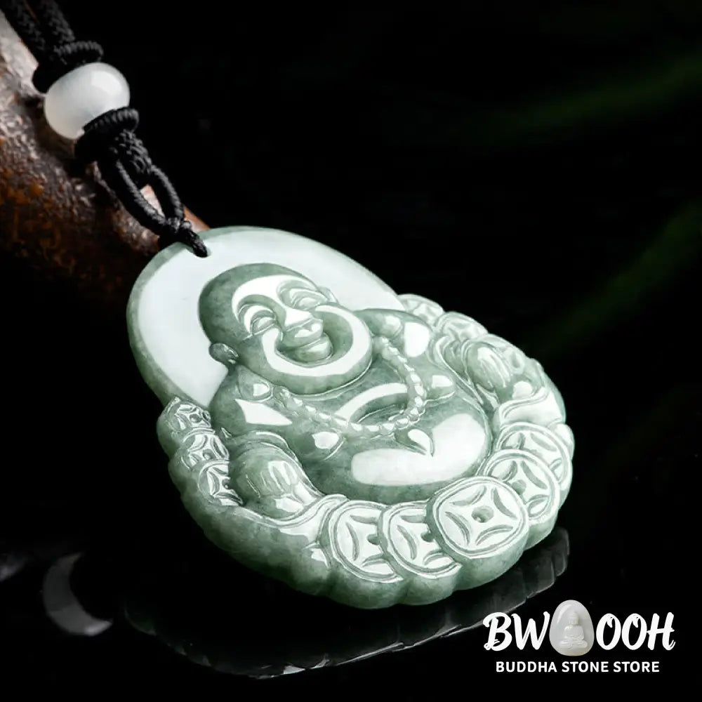 Buddha Stones Laughing Buddha Natural Jade Copper Coin Abundance Necklace Pendant - BWOOOH - Laughing