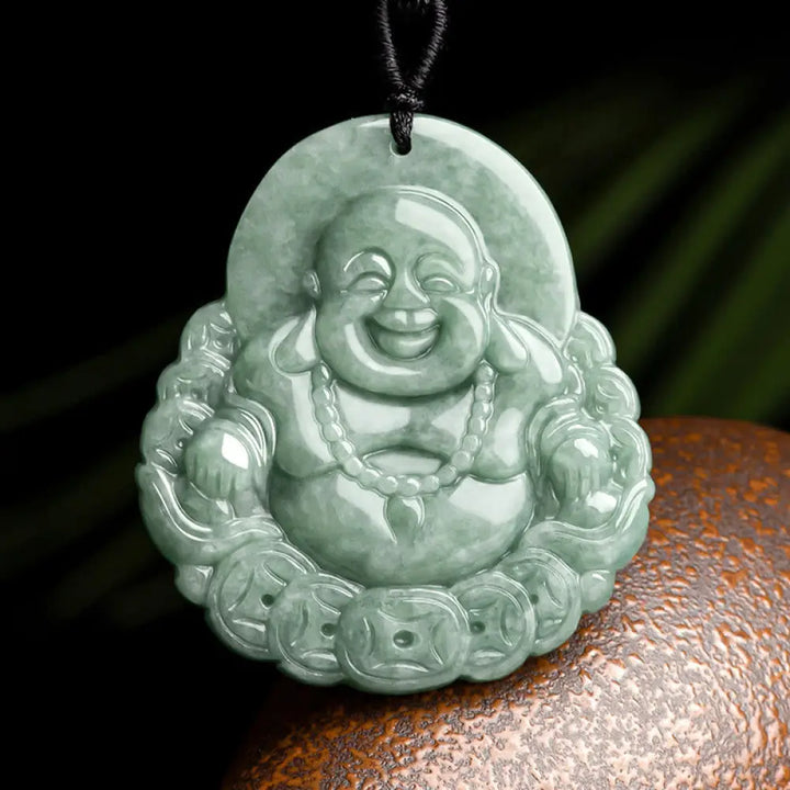 BWOOOH Laughing Buddha natural jade and copper coin abundance necklace pendant on 45cm chain