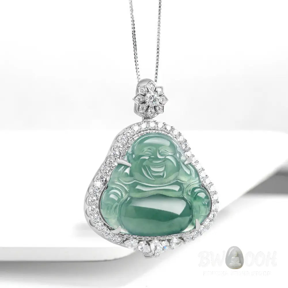 Buddha Stones Laughing Buddha Natural Jade Luck Abundance Titanium Steel Chain Necklace Pendant - BWOOOH - Laughing