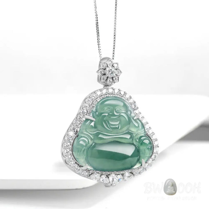 Buddha Stones Laughing Buddha Natural Jade Luck Abundance Titanium Steel Chain Necklace Pendant - BWOOOH - Laughing