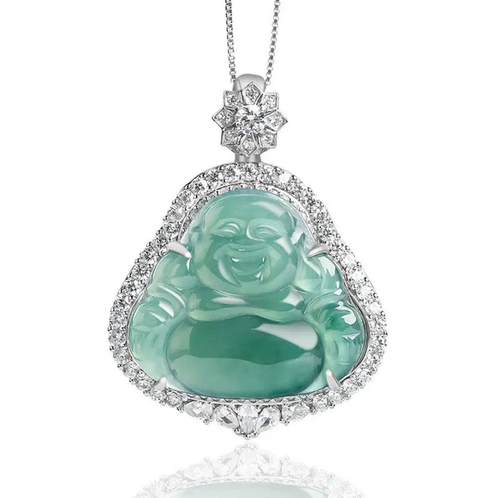 BWOOOH 925 sterling silver Laughing Buddha natural jade luck abundance pendant necklace