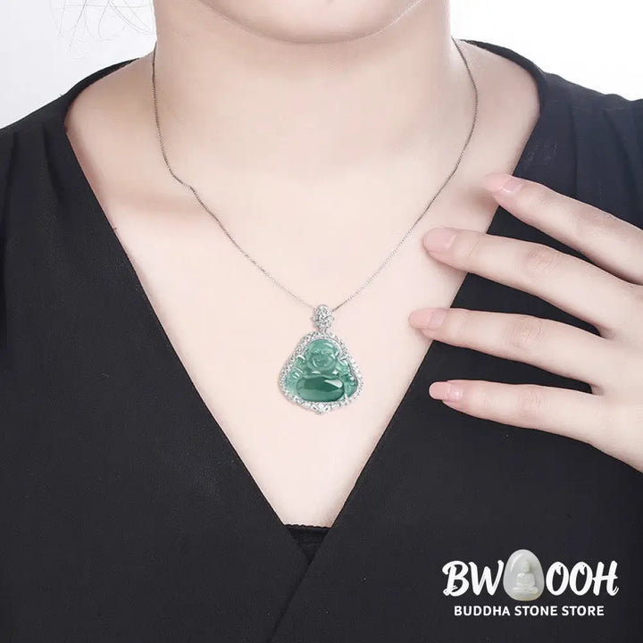 Buddha Stones Laughing Buddha Natural Jade Luck Abundance Titanium Steel Chain Necklace Pendant - BWOOOH - Laughing