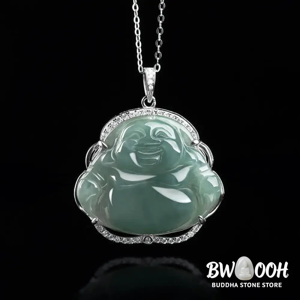 Buddha Stones Laughing Buddha Natural Jade Luck Necklace Titanium Steel Chain Pendant - BWOOOH - Jade - Necklaces &amp;