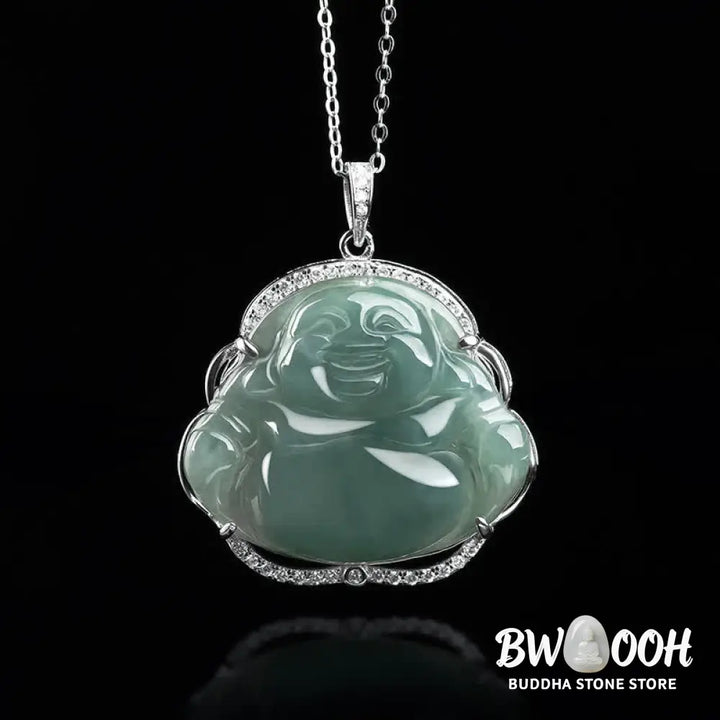 Buddha Stones Laughing Buddha Natural Jade Luck Necklace Titanium Steel Chain Pendant - BWOOOH - Jade - Necklaces &amp;