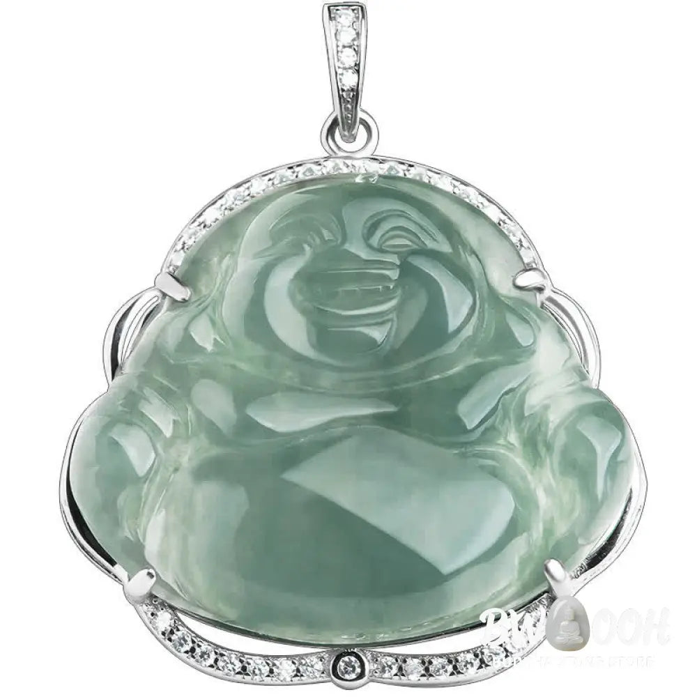 Buddha Stones Laughing Buddha Natural Jade Luck Necklace Titanium Steel Chain Pendant - BWOOOH - Jade - Necklaces &amp;