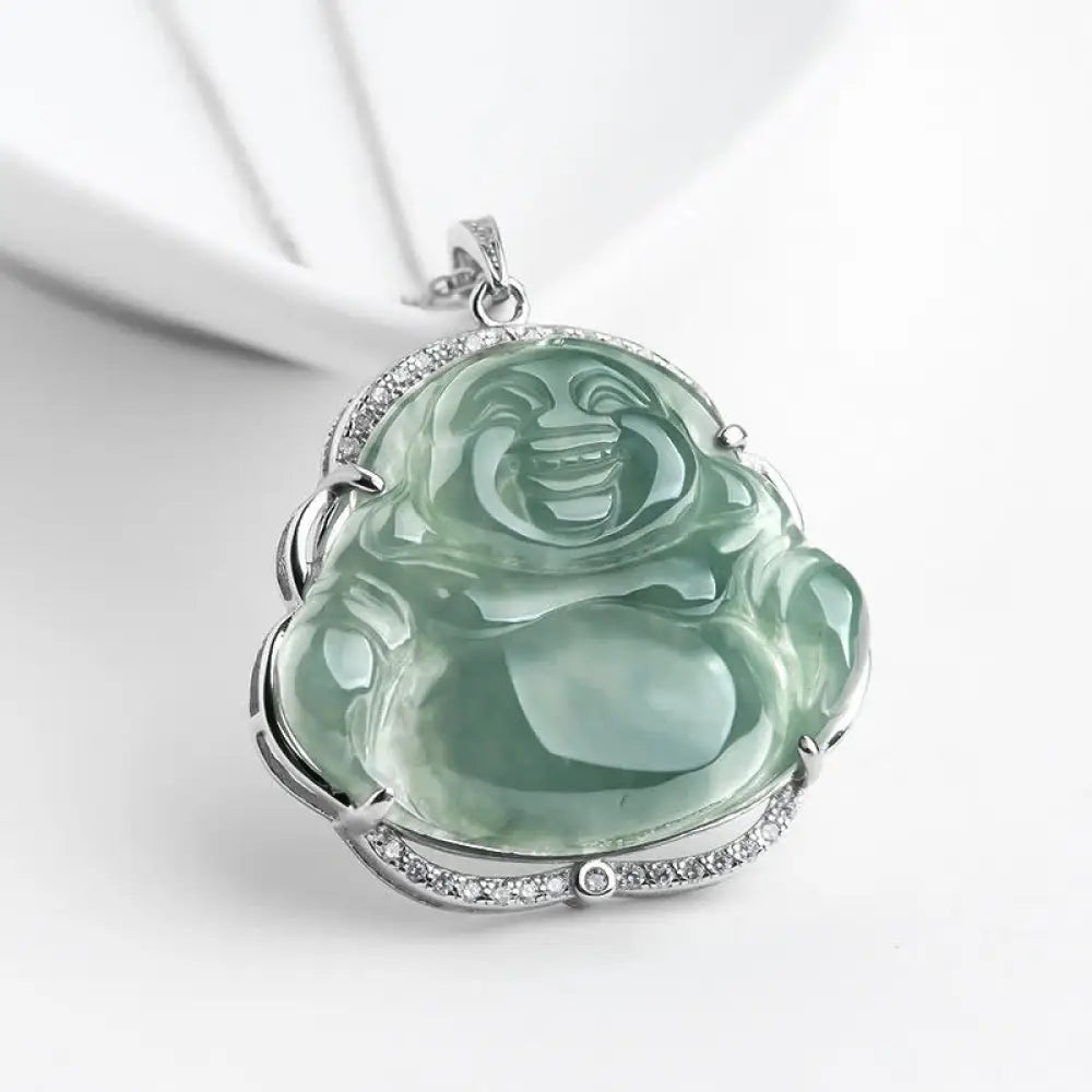 BWOOOH Laughing Buddha natural jade luck necklace pendant on titanium steel chain 45cm