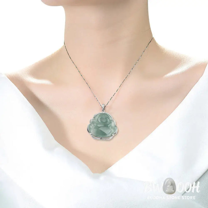 Buddha Stones Laughing Buddha Natural Jade Luck Necklace Titanium Steel Chain Pendant - BWOOOH - Jade - Necklaces &amp;
