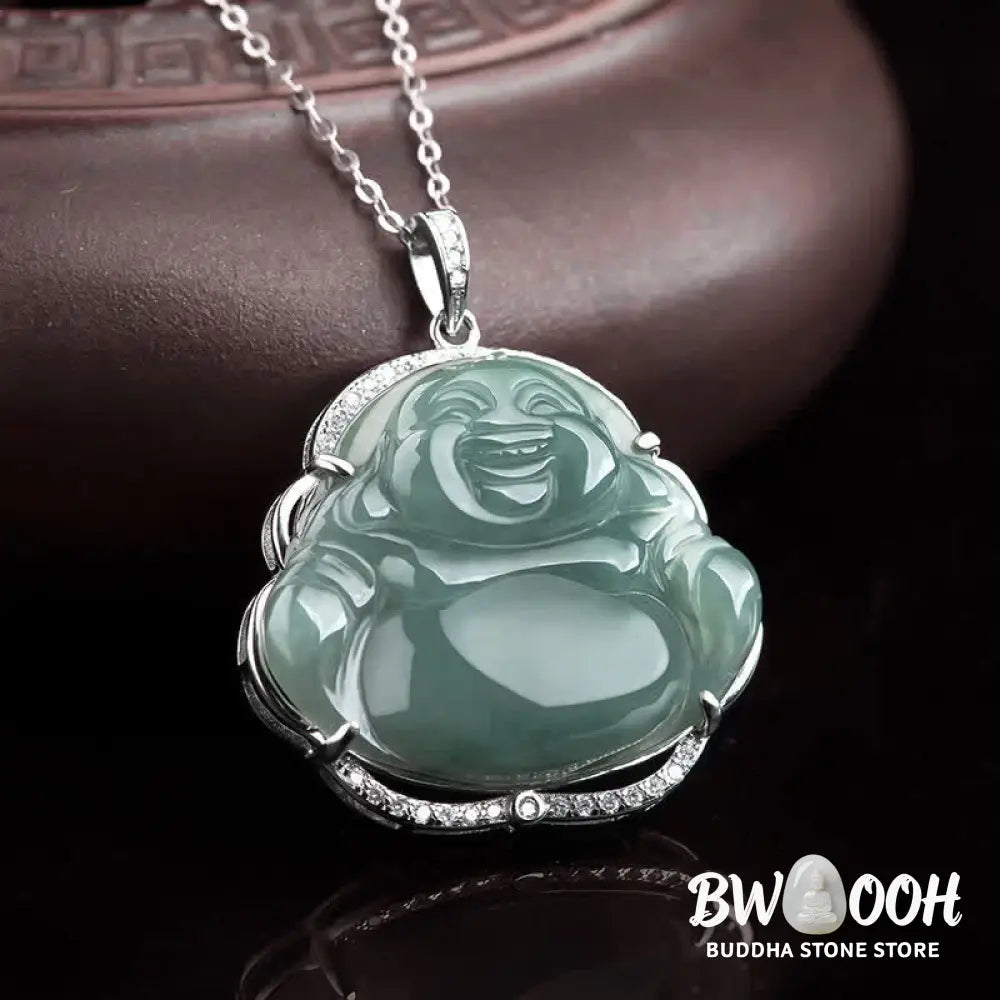 Buddha Stones Laughing Buddha Natural Jade Luck Necklace Titanium Steel Chain Pendant - BWOOOH - Jade - Necklaces &amp;