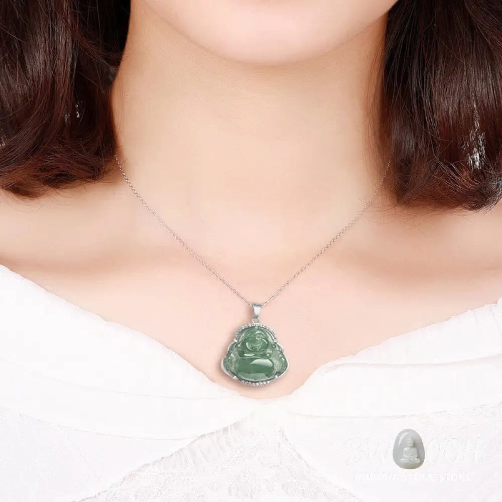 Buddha Stones Laughing Buddha Natural Jade Luck Prosperity Necklace Titanium Steel Chain Pendant - BWOOOH - Laughing