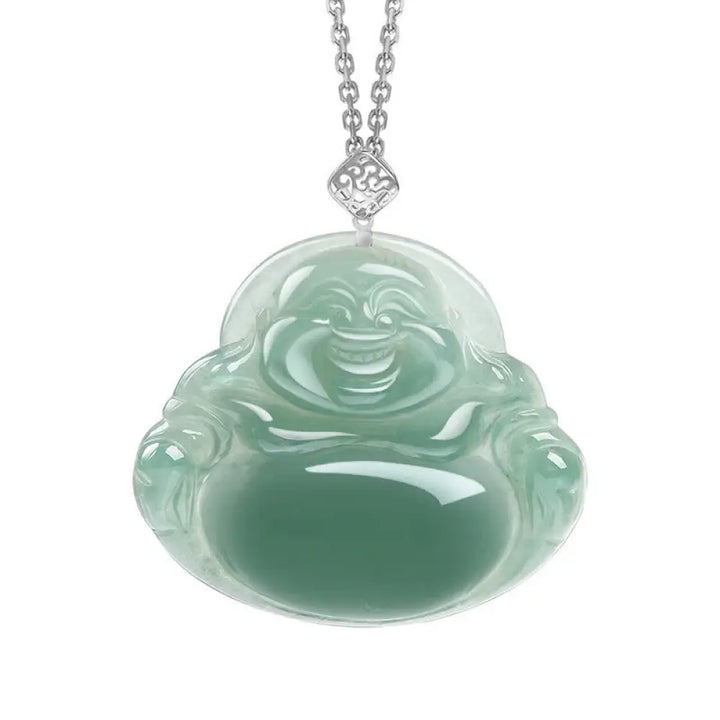 Buddha Stones Laughing Buddha Natural Jade Prosperity Abundance Necklace Pendant - BWOOOH - Silver - Necklaces &amp;