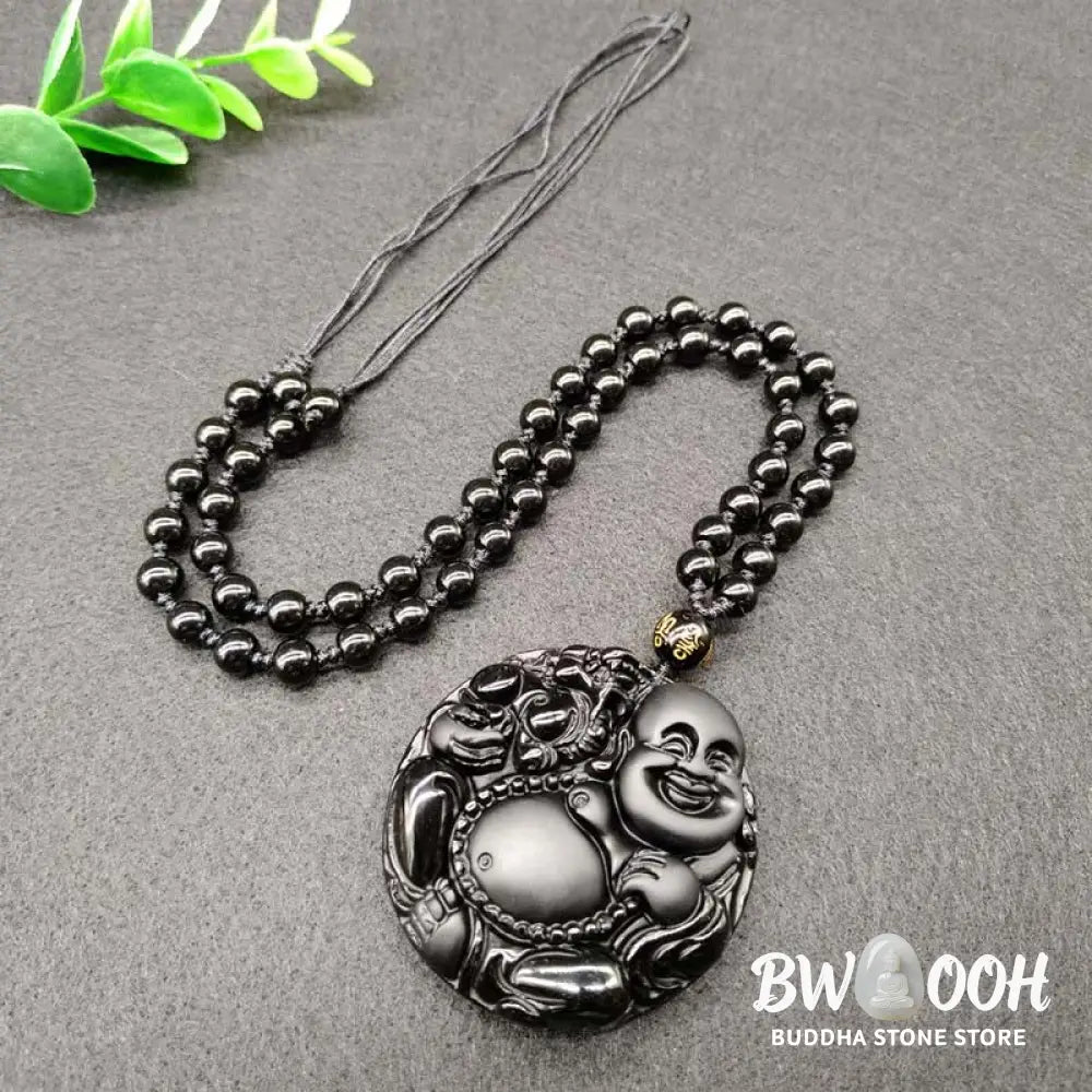 Buddha Stones Laughing Buddha Pattern Black Obsidian Glass Fulfilment Necklace Pendant - BWOOOH - Black Obsidian