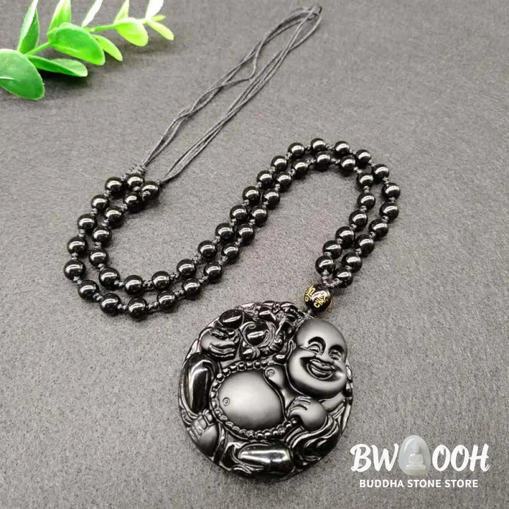 Buddha Stones Laughing Buddha Pattern Black Obsidian Glass Fulfilment Necklace Pendant - BWOOOH - Black Obsidian