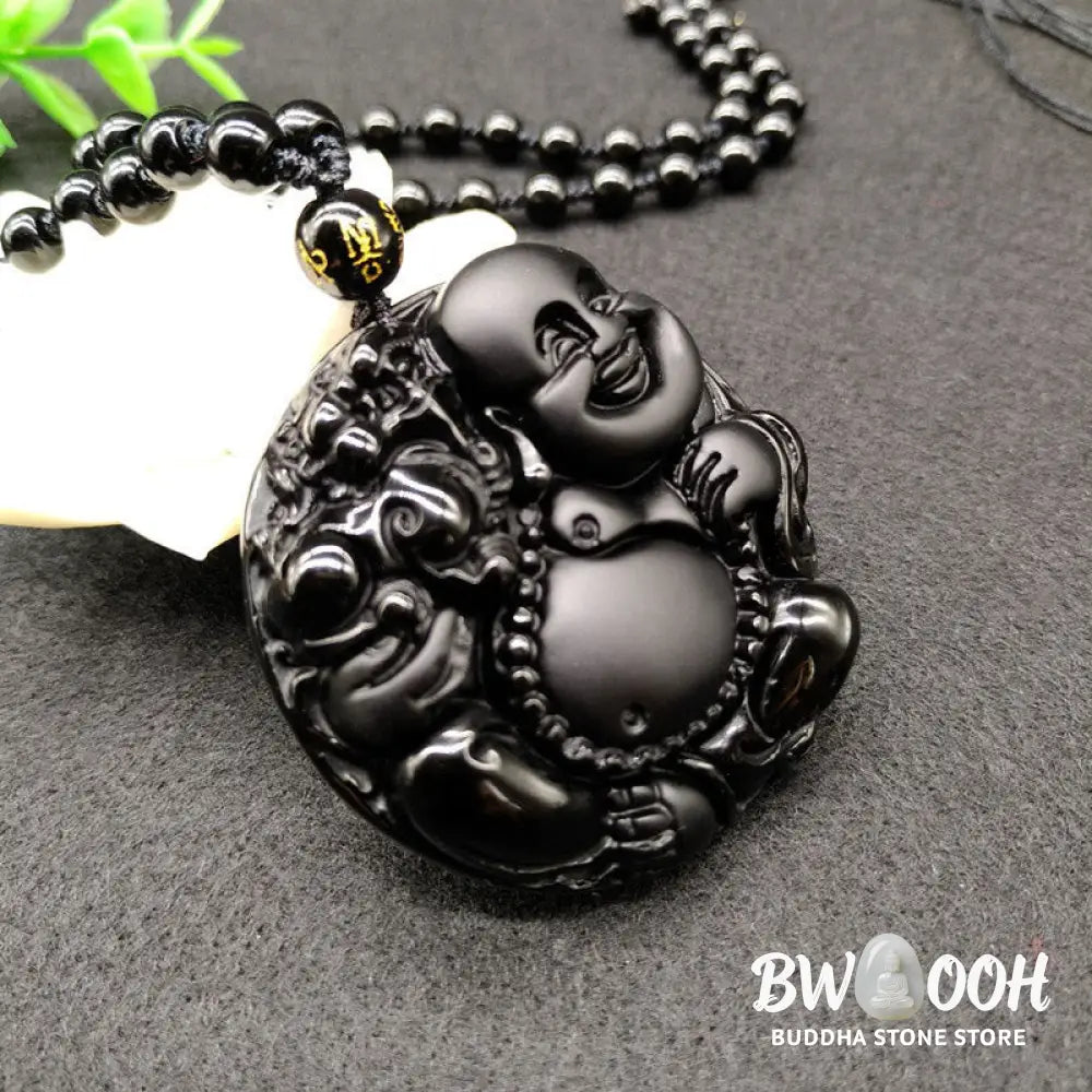 Buddha Stones Laughing Buddha Pattern Black Obsidian Glass Fulfilment Necklace Pendant - BWOOOH - Black Obsidian
