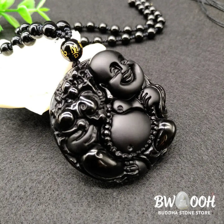 Buddha Stones Laughing Buddha Pattern Black Obsidian Glass Fulfilment Necklace Pendant - BWOOOH - Black Obsidian