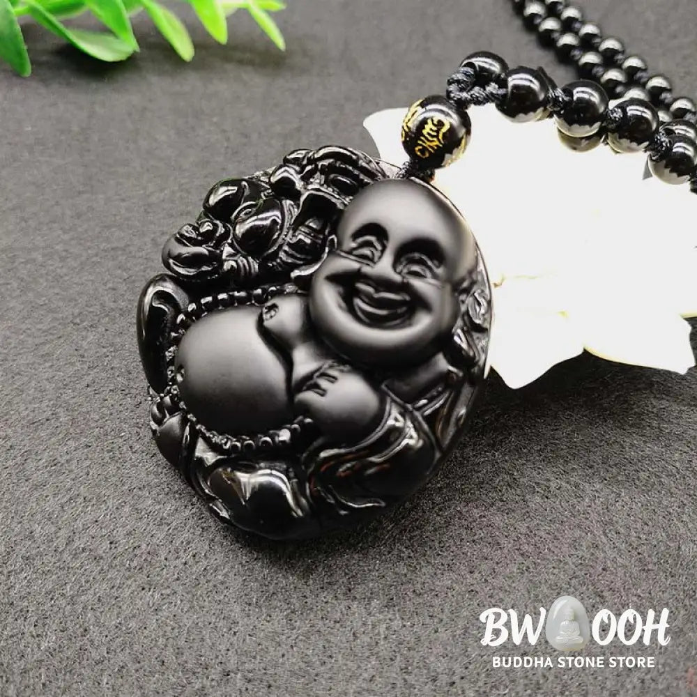 Buddha Stones Laughing Buddha Pattern Black Obsidian Glass Fulfilment Necklace Pendant - BWOOOH - Black Obsidian
