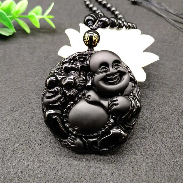 Buddha Stones Laughing Buddha Pattern Black Obsidian Glass Fulfilment Necklace Pendant - BWOOOH - Black Obsidian