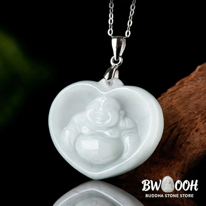 Buddha Stones Laughing Buddha White Jade Luck Blessing Titanium Steel Chain Necklace Pendant - BWOOOH - White