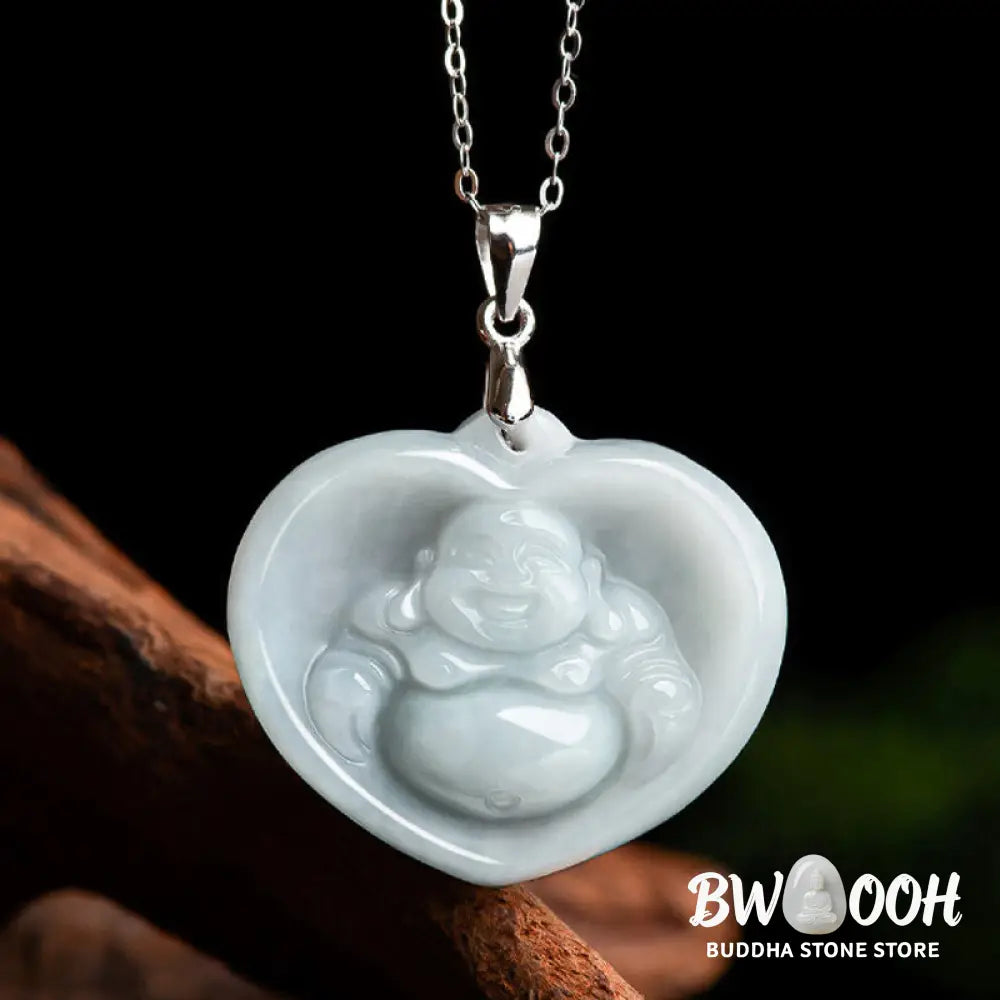 Buddha Stones Laughing Buddha White Jade Luck Blessing Titanium Steel Chain Necklace Pendant - BWOOOH - White