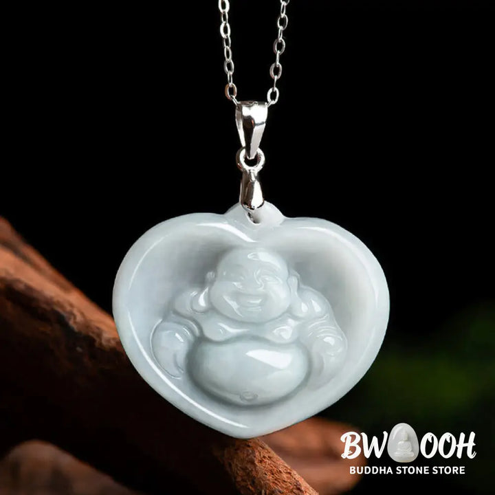 Buddha Stones Laughing Buddha White Jade Luck Blessing Titanium Steel Chain Necklace Pendant - BWOOOH - White