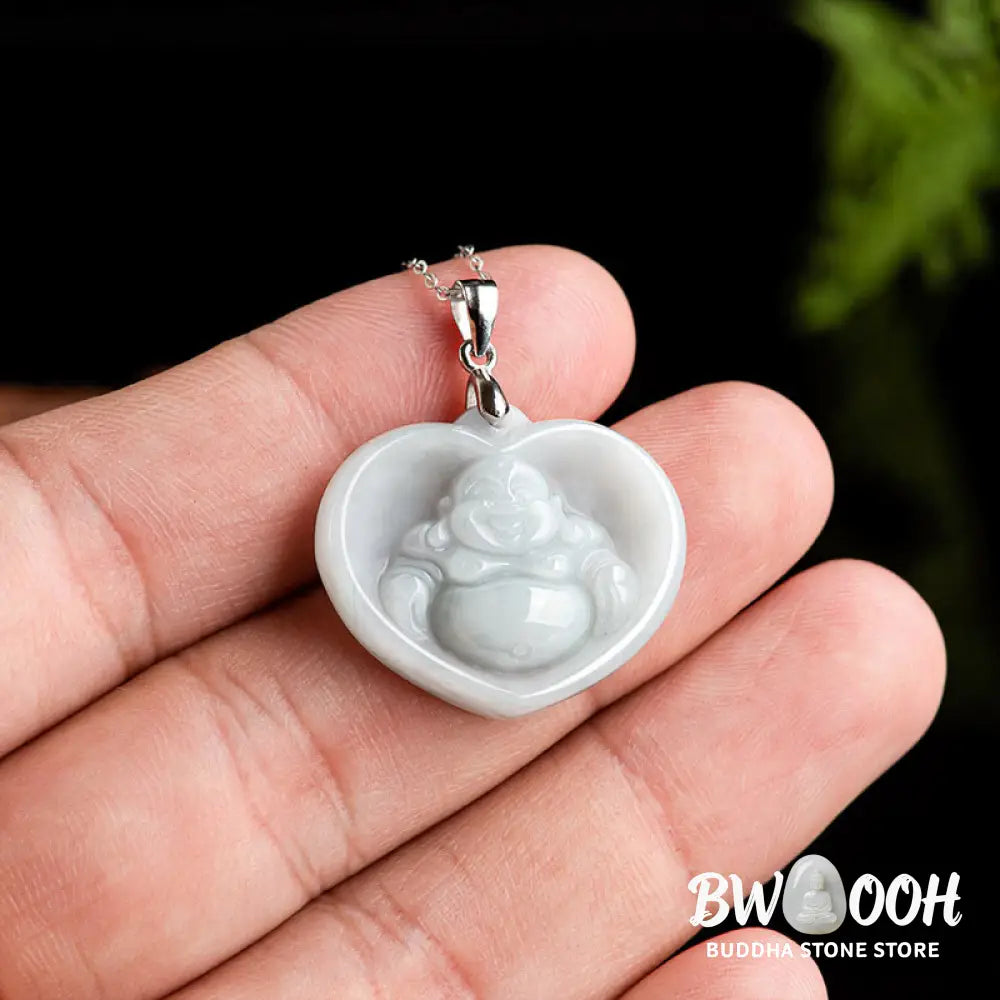 Buddha Stones Laughing Buddha White Jade Luck Blessing Titanium Steel Chain Necklace Pendant - BWOOOH - White