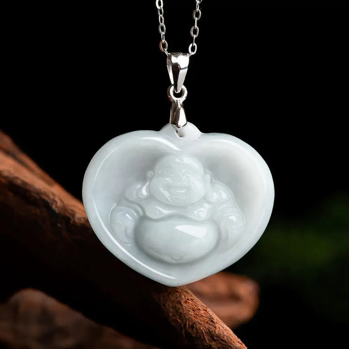 BWOOOH 925 sterling silver Laughing Buddha white jade luck blessing necklace pendant