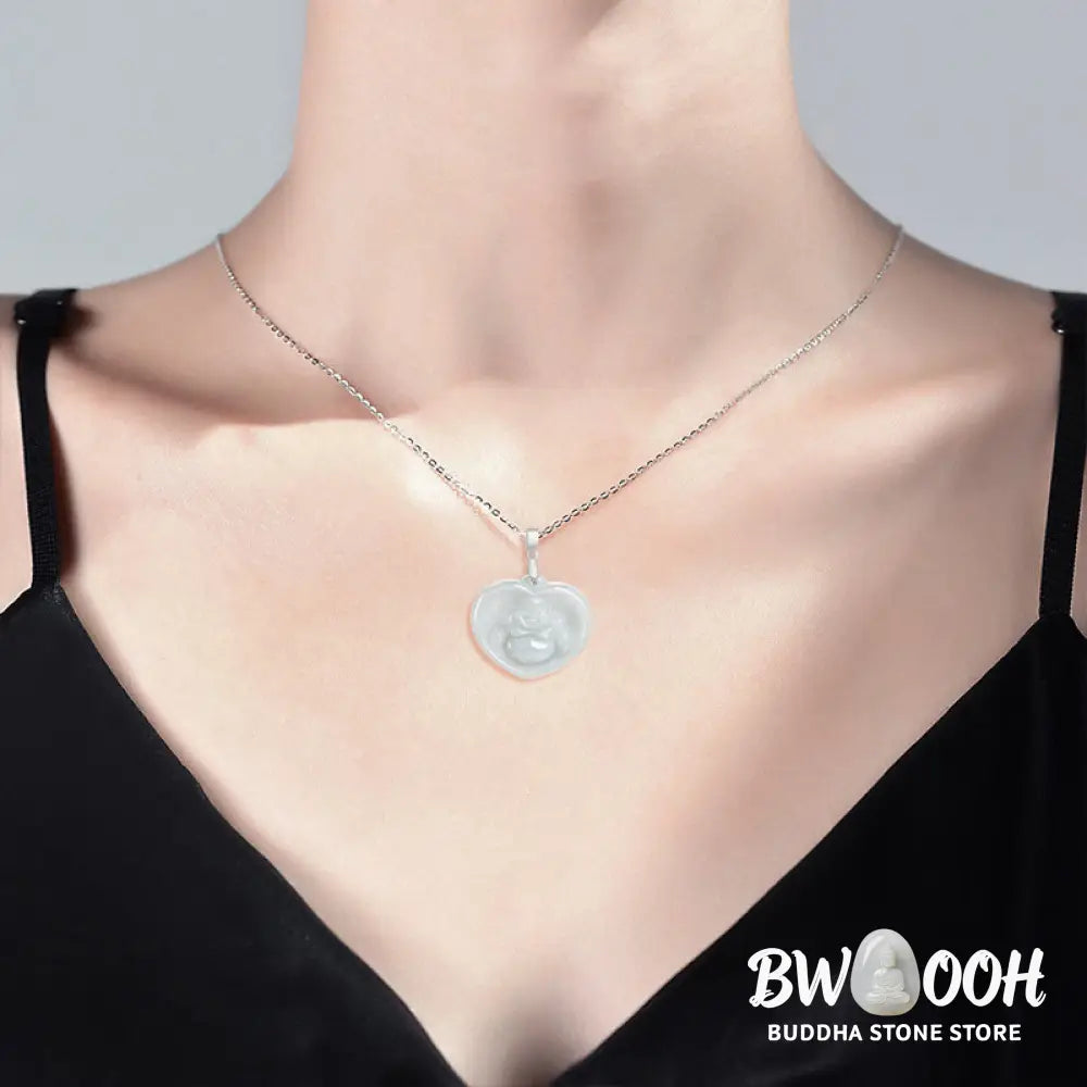 Buddha Stones Laughing Buddha White Jade Luck Blessing Titanium Steel Chain Necklace Pendant - BWOOOH - White