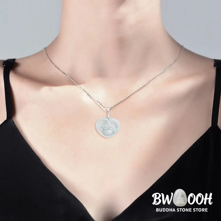 Buddha Stones Laughing Buddha White Jade Luck Blessing Titanium Steel Chain Necklace Pendant - BWOOOH - White