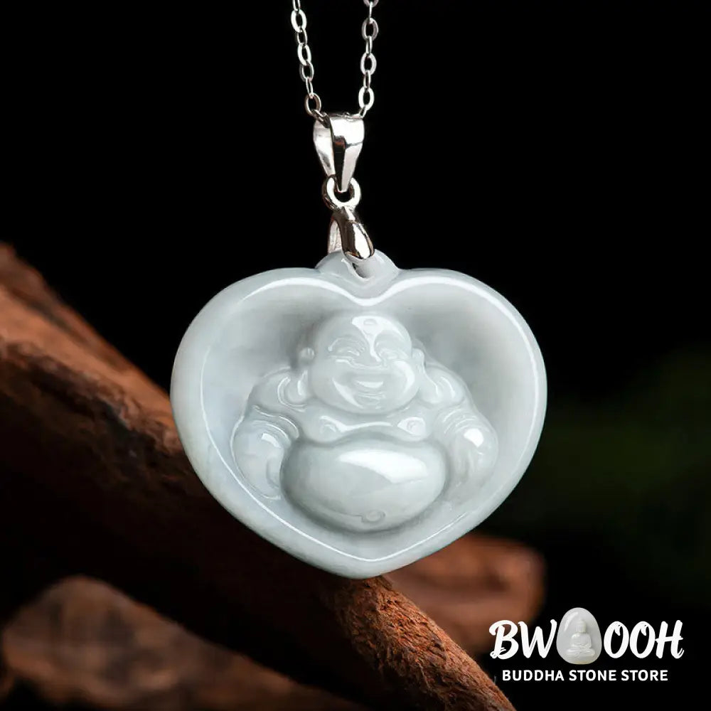 Buddha Stones Laughing Buddha White Jade Luck Blessing Titanium Steel Chain Necklace Pendant - BWOOOH - White