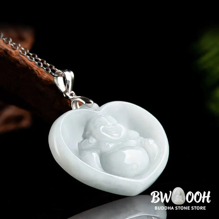 Buddha Stones Laughing Buddha White Jade Luck Blessing Titanium Steel Chain Necklace Pendant - BWOOOH - White