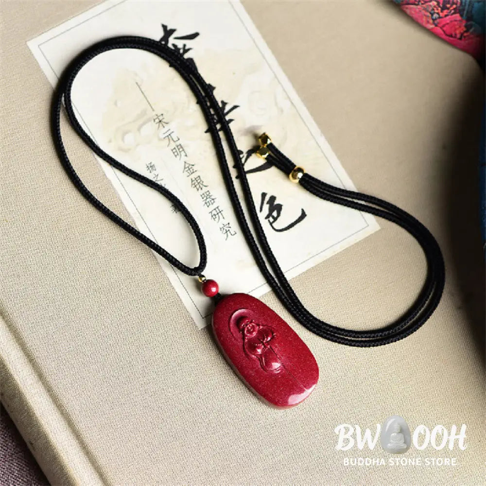 Buddha Stones Laughing Buddha Yin Yang Chinese Zodiac Gourd Natural Cinnabar Blessing Necklace Pendant - BWOOOH