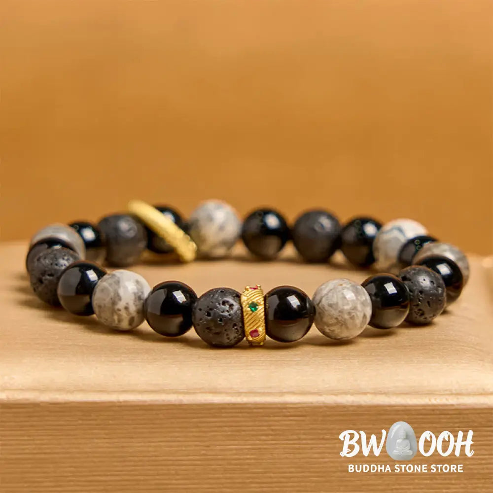 Buddha Stones Lava Rock Black Onyx Picasso Jasper Healing Bracelet - BWOOOH - 14-16cm - Bracelet