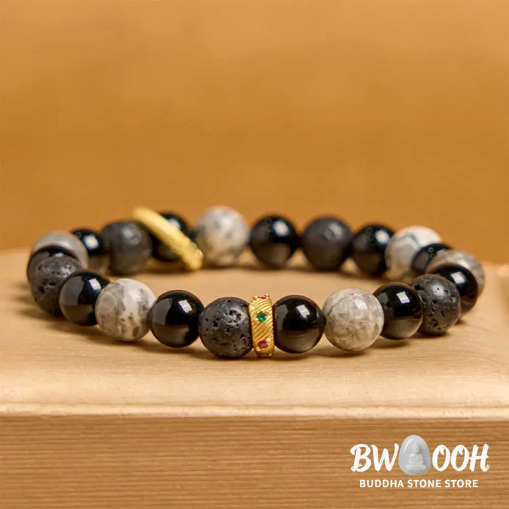 Buddha Stones Lava Rock Black Onyx Picasso Jasper Healing Bracelet - BWOOOH - 14-16cm - Bracelet