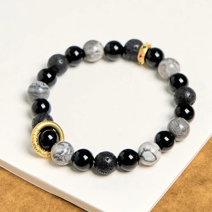 BWOOOH Lava Rock Black Onyx Picasso Jasper Healing Bracelet — Black Onyx crystal healing bracelet for spiritual healing an...
