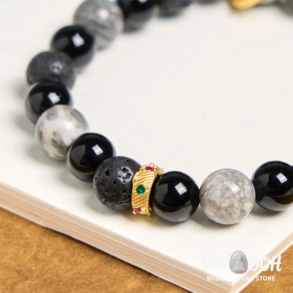 Buddha Stones Lava Rock Black Onyx Picasso Jasper Healing Bracelet - BWOOOH - 14-16cm - Bracelet