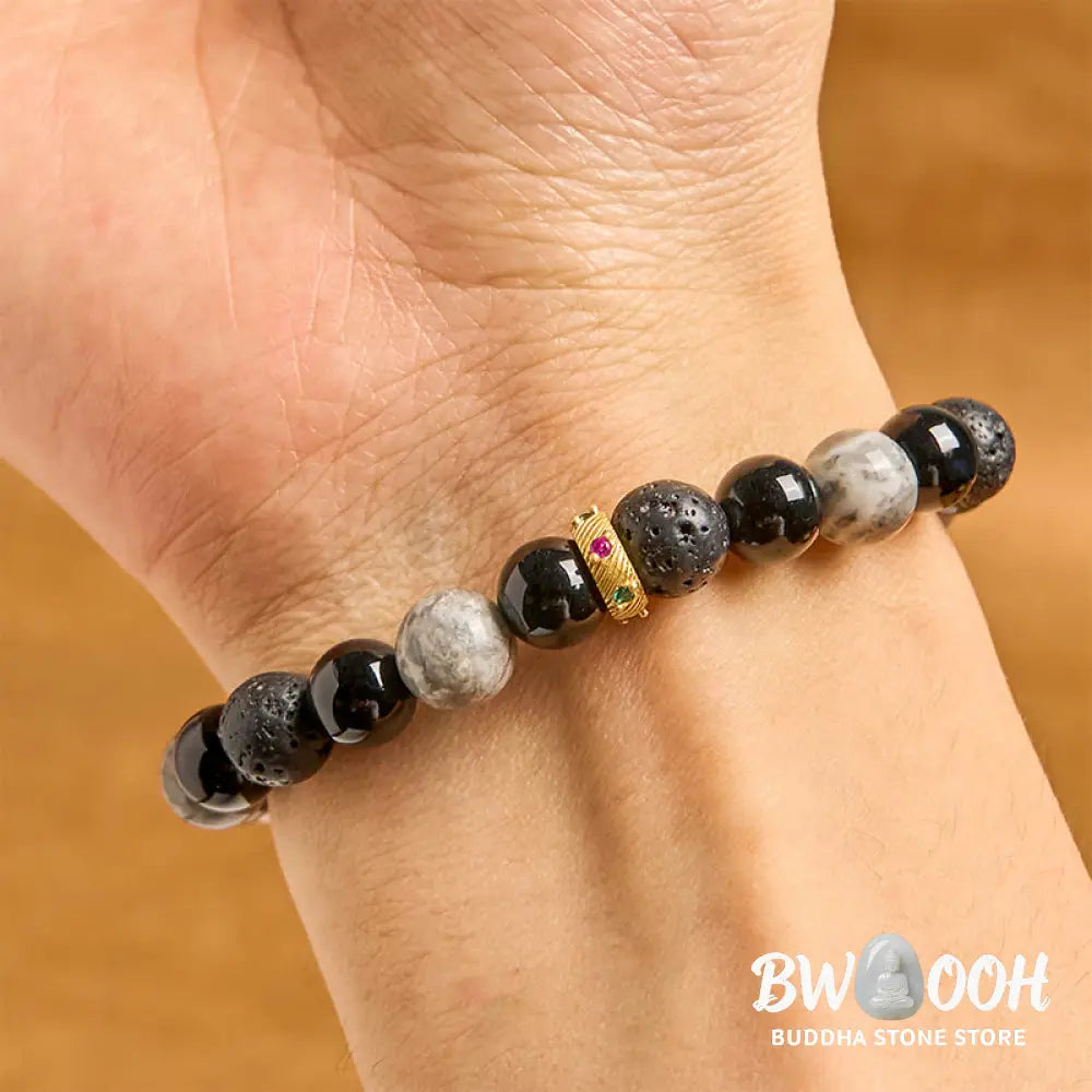 Buddha Stones Lava Rock Black Onyx Picasso Jasper Healing Bracelet - BWOOOH - 14-16cm - Bracelet