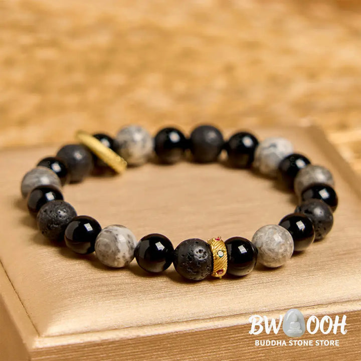 Buddha Stones Lava Rock Black Onyx Picasso Jasper Healing Bracelet - BWOOOH - 14-16cm - Bracelet