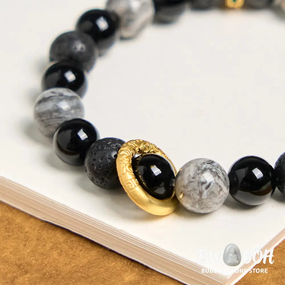 Buddha Stones Lava Rock Black Onyx Picasso Jasper Healing Bracelet - BWOOOH - 14-16cm - Bracelet